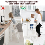 3 Height Adjustable Kids Step Stool, A-Shaped Structure Kids Standing Tower, Wooden Toddler Tower, Kids Standing Tower Aged 18-36 Months,with Safe Fences,Anti-Slip Pads Suit in Kitchen/Bathroom,White KIDINIX