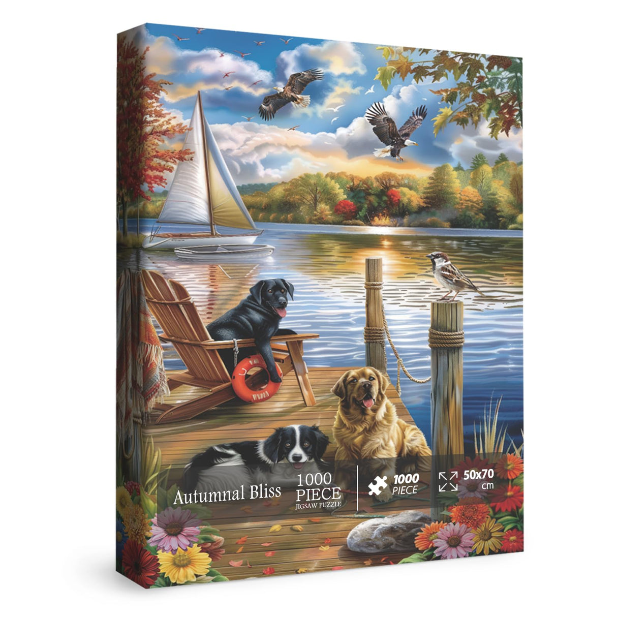 Autumn Lake Puzzles for Adults 1000 Pieces, Fall Funny Dogs Jigsaw Puzzles, Cute Animals Golden Retriever Labrador Bird Flower Holiday Puzzle IdeaBazar