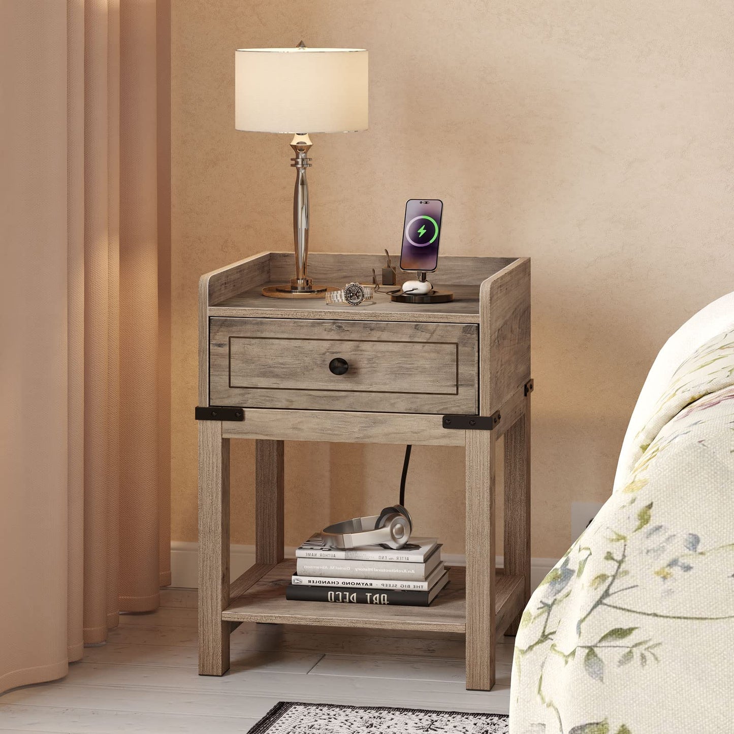 YITAHOME Farmhouse Nightstand with Charging Station, Night Stands with Drawer for Bedroom, Bedside Table with Lip for Small Space, End Side Table with USB Ports and Outlets, Grey - WoodArtSupply