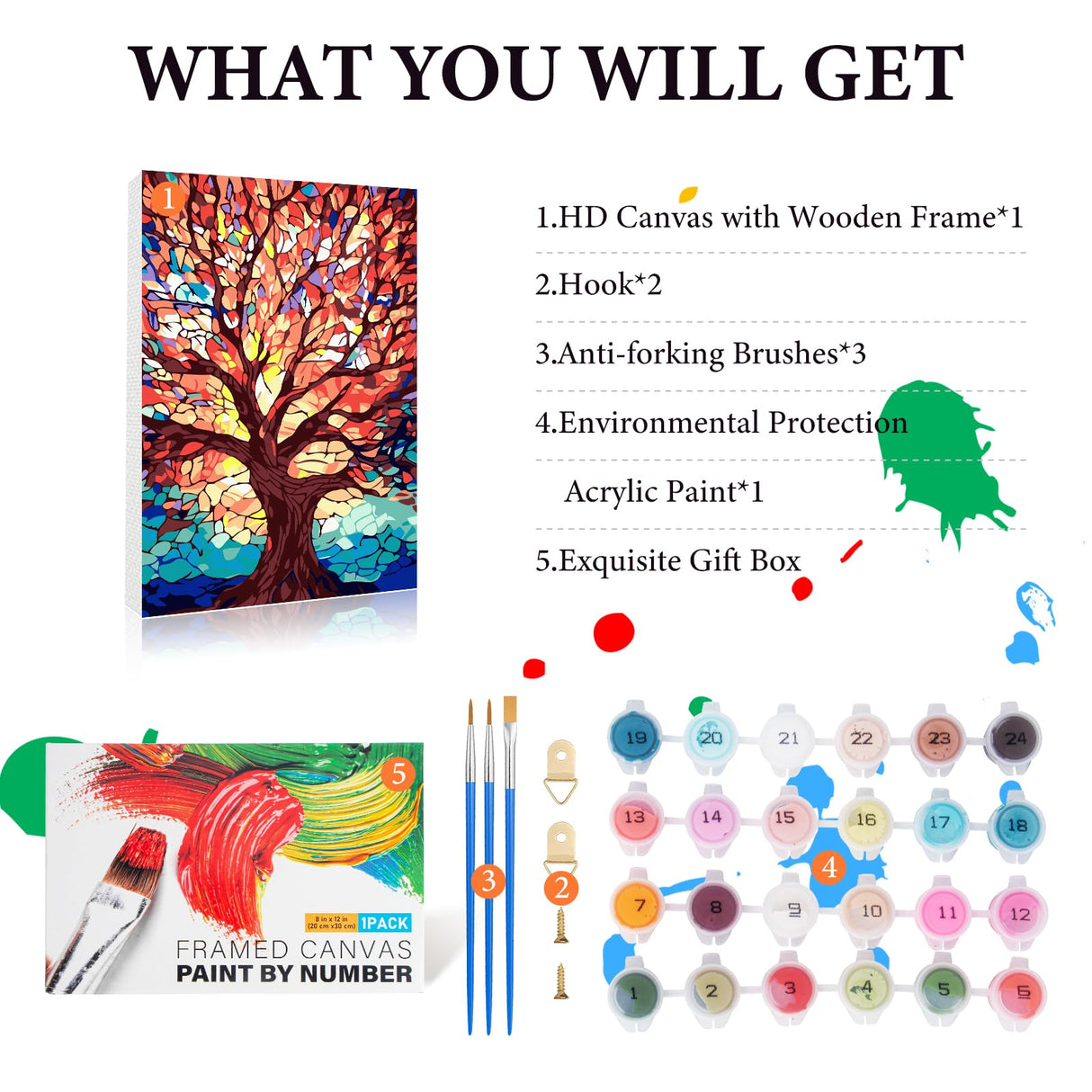 Fountor Framed Paint by Numbers Kit for Adults Beginner & Kids Ages 8-12, Tree of Life Paint by Number with Frame, Easy Acrylic Stained Glass Colorful Tree Painting by Numbers Kit on Canvas 8x12 inch Fountor