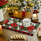 Artoid Mode Red Black Buffalo Plaid Holly Pine Cones Christmas Balls Placemats Set of 4, 12x18 Inch Seasonal Winter Table Mats for Party Kitchen Dining Decoration Artoid Mode