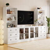 TUSY 4-Piece Large TV Stand with Bookshelves for TVs up to 75", TV Entertainment Center Media Center with Tempered Glass Doors and Shelves, TV Hutch for Living Room (White) TUSY