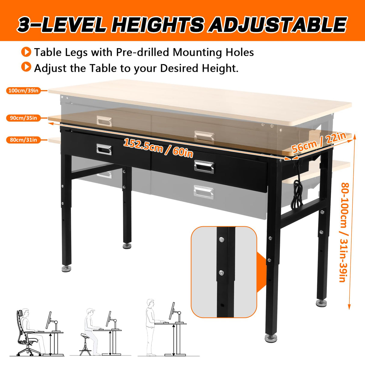 60'' Adjustable Workbench with Drawers,2000 Lbs Capacity Heavy Duty Work Benches for Garage,Wood Work Bench with Power Outlet,Work Tables for Shop Office Home Commercial FORJAMINT