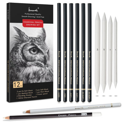 Brusarth Charcoal Drawing Set -12 pc Black charcoal pencils, White Charcoal Pencils, Eraser Pencils, Blending Stumps for Drawing, Sketching, Shading, Artist Pencils for Beginners & Artists