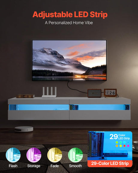 VEVOR Floating TV Stand, 71 in Wall Mount Entertainment Center with Power Outlet & LED Lights, Modern Floating TV Shelf with 2 Drawers & Storage Cabinet for DVD Player, Cable Box, Game Console, White VEVOR