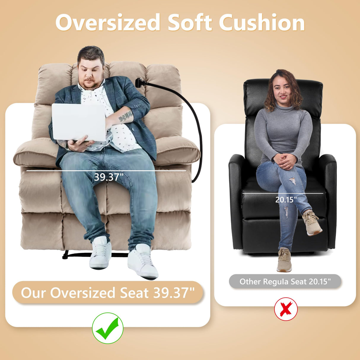 hzlagm Oversized Recliner Chairs for Adults 400LBS, Extra Wide Recliner, Manual Recliner Chair with Overstuffed Armrest and Backrest, Velvet Big and Tall Recliners for Living Room, Beige hzlagm