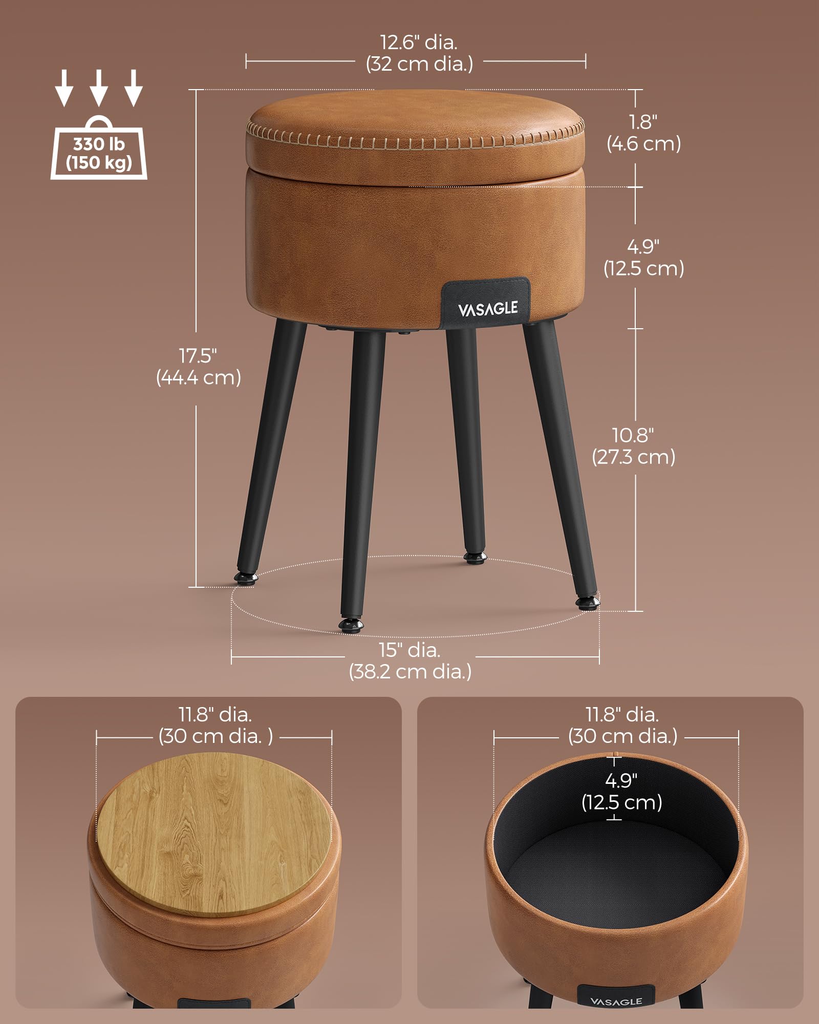 VASAGLE EKHO Collection - Storage Ottoman, Vanity Chair Stool, Synthetic Leather with Stitching, Mid-Century Modern, Round Storage Seat with Steel Legs, Loads 330 lb, Caramel Brown ULOM005K01 - WoodArtSupply