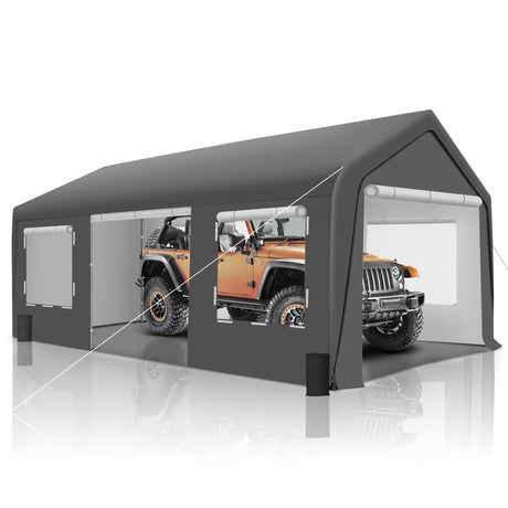 GARTOO Upgrade 11.5'x19.5' Heavy Duty Carport - Extra Large Outdoor Shelter with Roll-up Ventilated Windows & Side Doors, Portable Garage for Car Boat Truck Auto Motorcycle Outdoor Events Party, Gray GARTOO