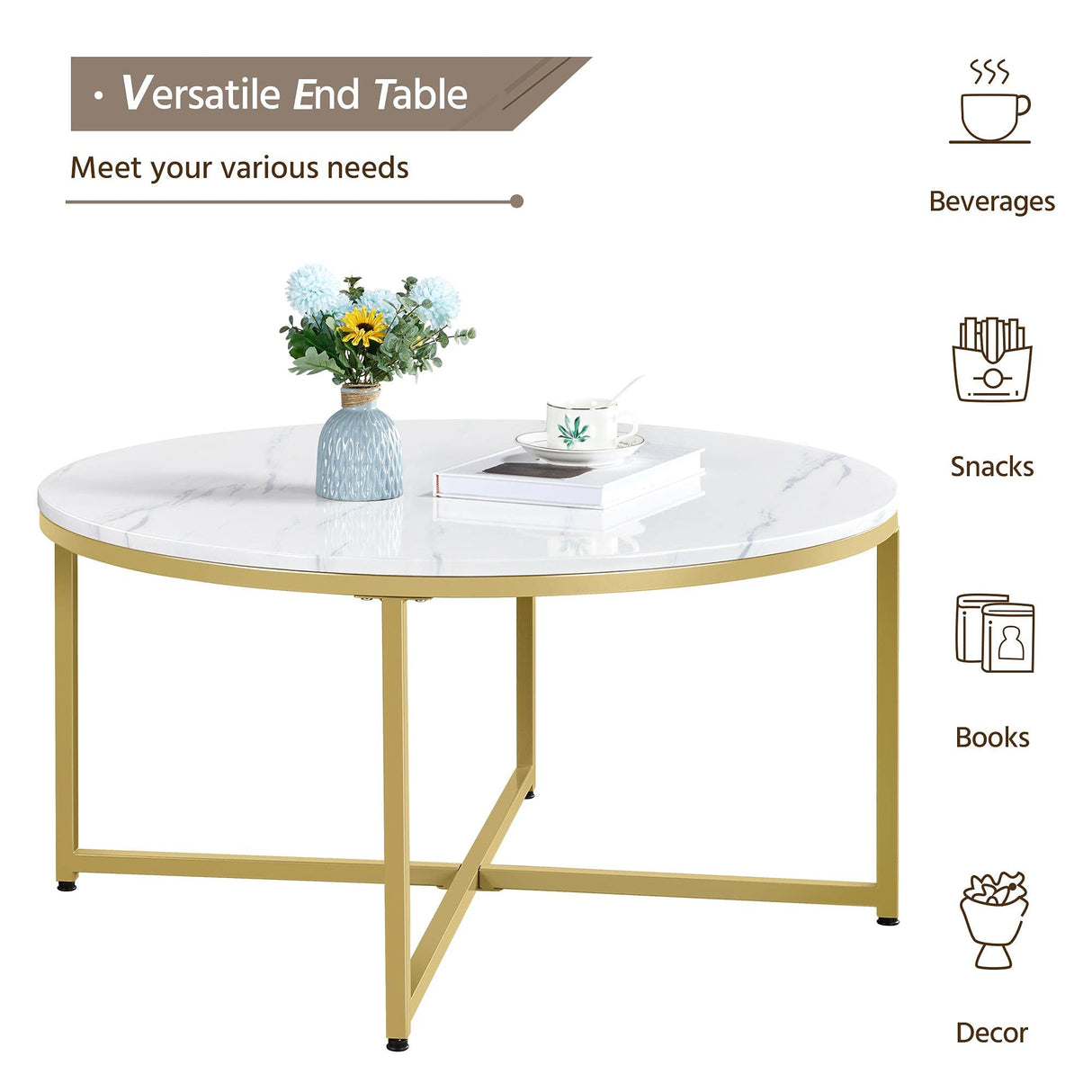 Yaheetech Faux Marble Coffee Table, 35.5in Round Coffee Table with Metal Legs for Living Room, Modern Center Table for Home & Office, White and Gold Yaheetech