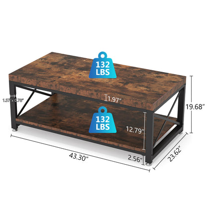 Tribesigns Industrial Coffee Table, 43 inch Cocktail Table with Storage Shelf for Living Room, 2 Tier Rectangle Center Table Tea Table with X-Shaped Steel Frame, Easy Assembly, Rustic Brown - WoodArtSupply