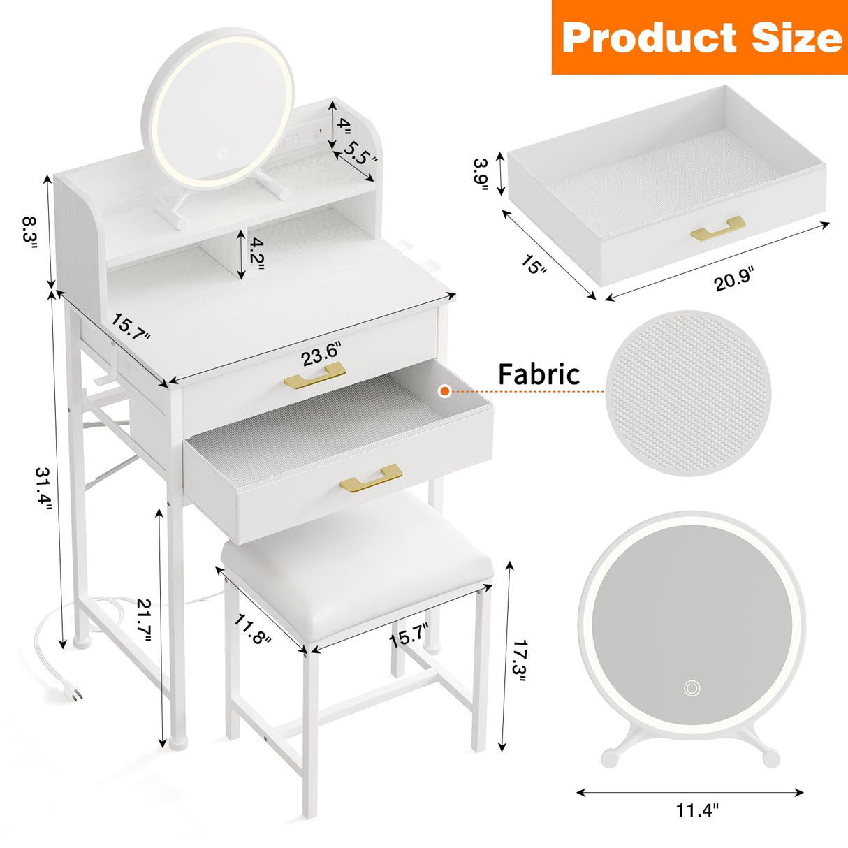 Fixwal White Small Vanity Desk Set with Lighted Mirror and Chair, Makeup Dresser with 2 Fabric Drawers, Power Outlet, Compact Table with Cushioned Stool for Bedroom Small Space Fixwal