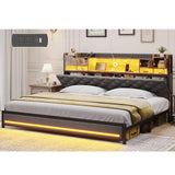 busyaeh King Size Bed Frame with Upholstered Storage Headboard, King Bed Frame with Smart LED Lights, Camas King Bed with Charging Station,Noise-Free, Metal Support, No Box Spring Needed, Gray busyaeh