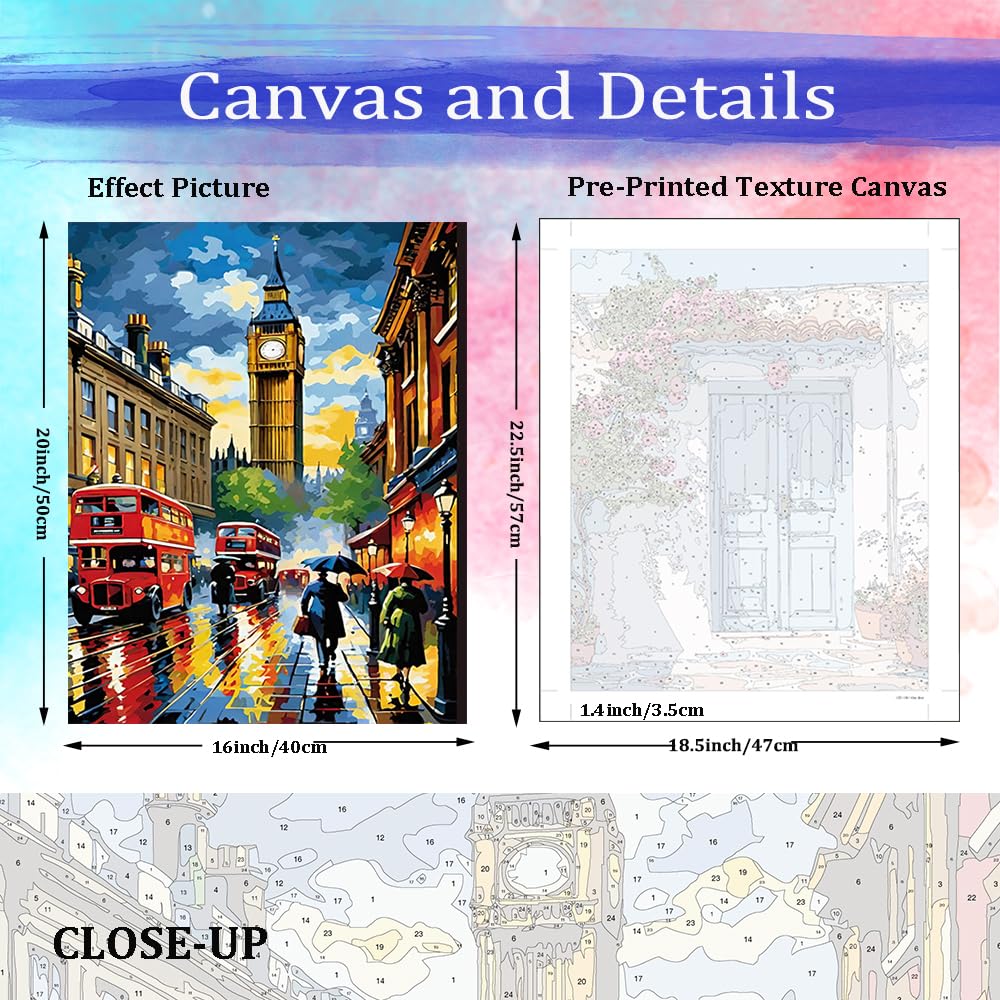 JUJUHOOD Big Ben Paint by Numbers Kit for Adults,London City Street Adult Paint by Number Kits,DIY Acrylic Paint by Number on Canvas for Home Wall Decor 16X20 Inch JUJUHOOD