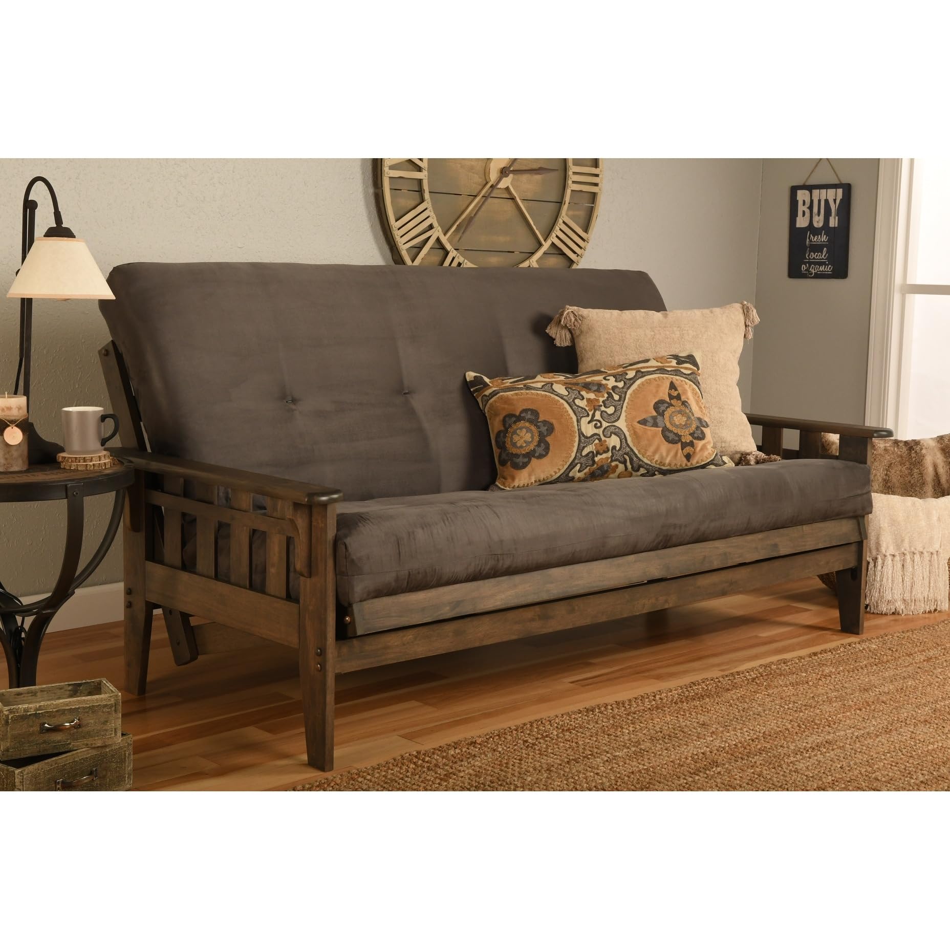 Kodiak Furniture Tucson Full Size Futon Set in Rustic Walnut Finish, Suede Black - WoodArtSupply