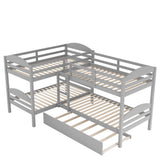 Quad Bunk Bed with Trundle,Twin-Over-Twin L Shape Bunk Bed Frame with Built in Ladder and Guardrail,Wood Bunk Bed Corner BunkBed for Accommodating 5,Family Bedroom Dorm,No Box Spring Needed,Gray TRIPLE TREE