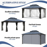 GARTOO 12x14FT Polycarbonate Hardtop Gazebo with Double Roof - Heavy-Duty Steel Frame Gazebo with Breathable Netting & Privacy Curtain for Patio, Porch, Garden, Lawn, Deck, Backyard GARTOO