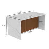 63" Large Imitation Marble Dining Table for 4-6 People, Island Table with LED Lights, Mordern Marble Stripes Kitchen Dining Table with Grille design for Dining Room, Home, Office, Living Room（White） Gyfimoie