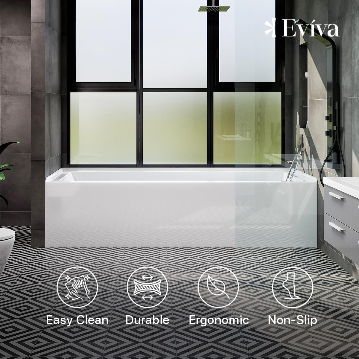 Eviva 60" Bath Tub - White Acrylic Rectangular Soaking Bathtubs Contemporary Soaking Tub - White Bathtub with Chrome Right-Hand Drain - Elegent Bathtubs (Chrome pop-up Drain Included) Eviva