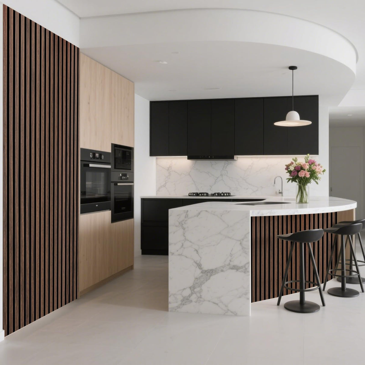 Art3d Acoustic Wood Slat Wall Panel with Roll-Flat Design - 95.3 x 23.8 Inch Sound Absorbing Panels for Living Room Columns Corridor Curved Wall Decor, 2-Pack Walnut Art3d