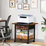Lerliuo Under Desk Rolling Printer Stand with Drawer, 2-Tier Industrial Mobile Printer Table Desk with Storage Shelf and Steel Frame, Printer Cart Holder with Lockable Wheels for Home, Office (Brown) Lerliuo