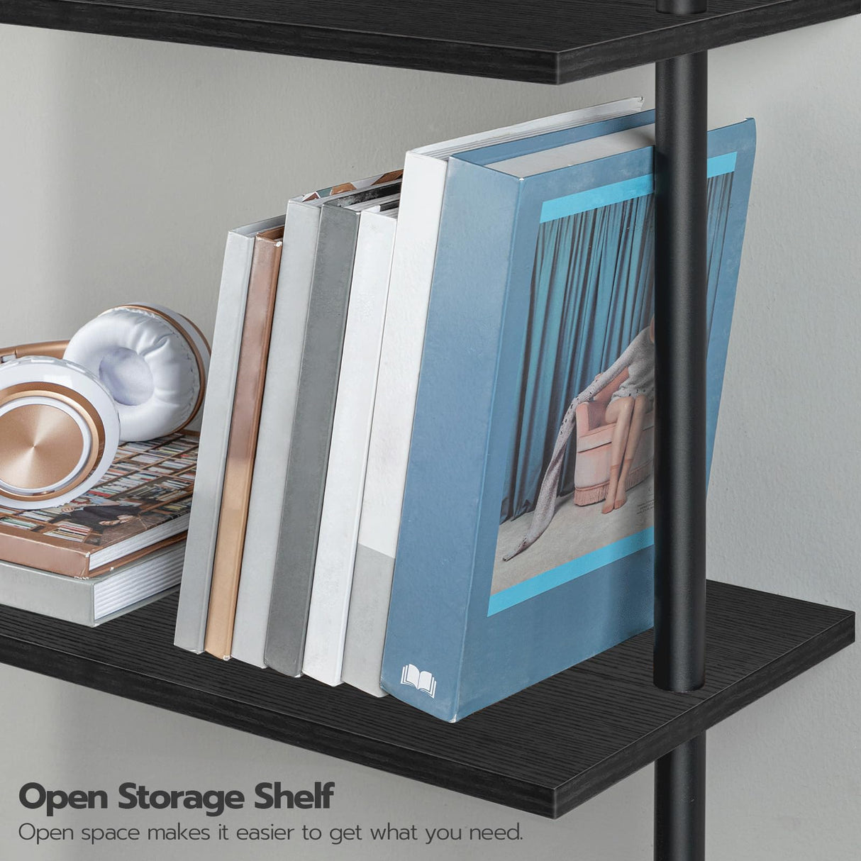 HOOBRO DIY Ladder Shelf, 6-Tier Wooden Wall Mounted Bookshelf, Narrow Bookcase, Display Shelf, Storage Rack, Plant Stand, for Living Room, Bedroom, Study, Balcony, Black BB651CJ01 HOOBRO