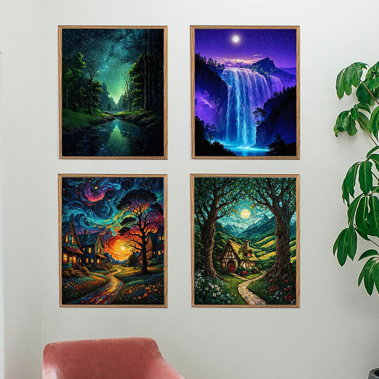 Lovepefe Starry Sky Paint by Numbers Kit for Adults, 4 Pack Country Night Paint by Number Kits for Beginner Moon Acrylic On Canvas DIY Oil Painting Kit for Gift Home Wall Decor 12x16 Inch Lovepefe