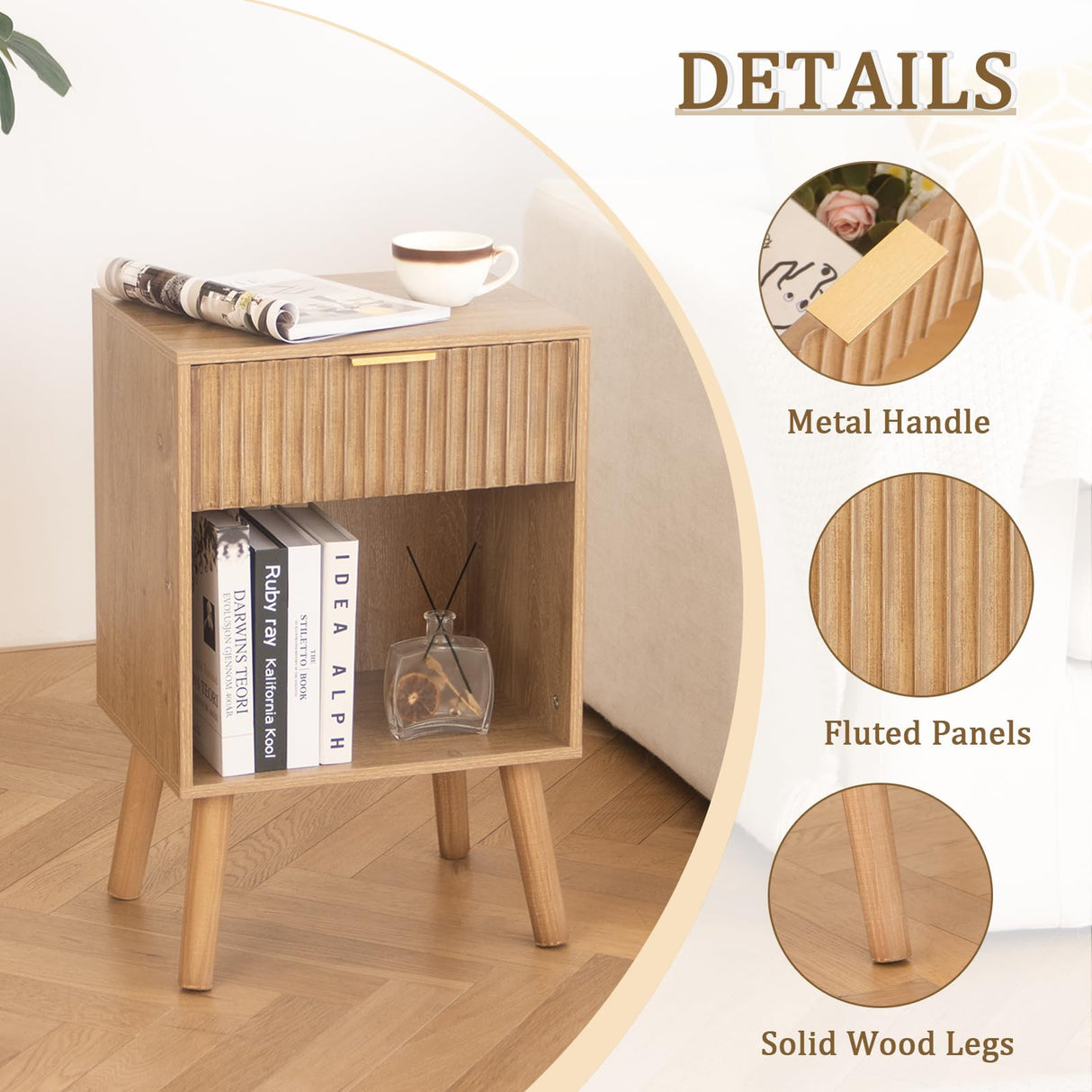 Fultyle Night Stand with Drawer, Mid Century Nightstand with Storage, Modern Fluted Bedside Table Bedroom Living Room for Small Space, Office (Rustic Walnut) Fultyle