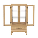 Glass Display Cabinet with Doors and Drawer, Lighted Curio Display Cabinet with Adjustable Glass Shelves and Mirrored Back Panel, Retro Floor Standing Storage Cabinets for Living Room, Light Oak BAOMKONG