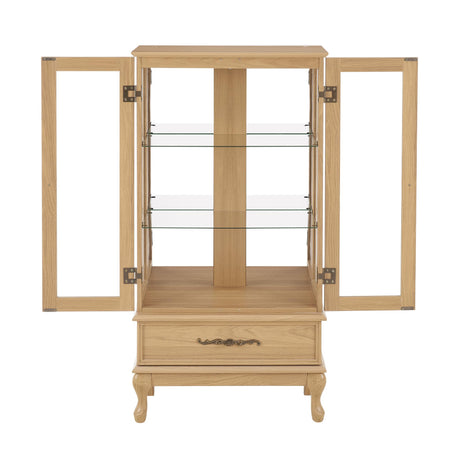 Glass Display Cabinet with Doors and Drawer, Lighted Curio Display Cabinet with Adjustable Glass Shelves and Mirrored Back Panel, Retro Floor Standing Storage Cabinets for Living Room, Light Oak BAOMKONG