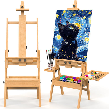 Solid Beech Wood H-Frame Easel, Large Painting Easel with Storage Box and Palette, Professional Foldable Studio Art Easel Stand with Signature Box for Adults, Holds Canvas Art up to 48" YACONA