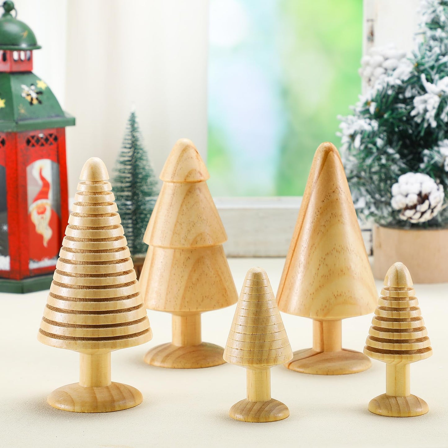 Quzzil 5 Pcs Wooden Christmas Trees Large Handmade Christmas Trees Figurines 6.5 and 4 Inch Wooden Christmas Ornament Farmhouse Table Centerpiece Decoration for Xmas Gift Mantel Shelf Room Decor