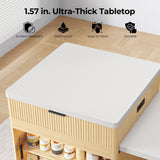 IRONCK 78.7" Kitchen Island with Extendable Dining Table & Storage for 2-6, with Motion-Sensor LED Tempered Glass Cabinet, Charging Station, Spice Racks, Quartz Laminate Top for Dining Room (Oak) IRONCK