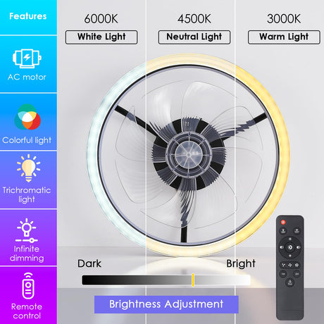 Ceiling Fans with Lights - Modern Flush Mount Ceiling Fan,16" RGB Dimmable LED Enclosed Ceiling Fans,Low Profile Bladeless LED-RGB Ambient Light for Bedroom Kids Room Party（Black） Mpayel
