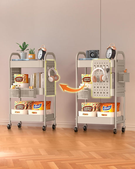 ALVOROG 3 Tier Rolling Cart with DIY Pegboards Metal Utility Cart with Wheels Handles Baskets Hooks, Craft Cart for Office Kitchen Bathroom(Khaki) ALVOROG