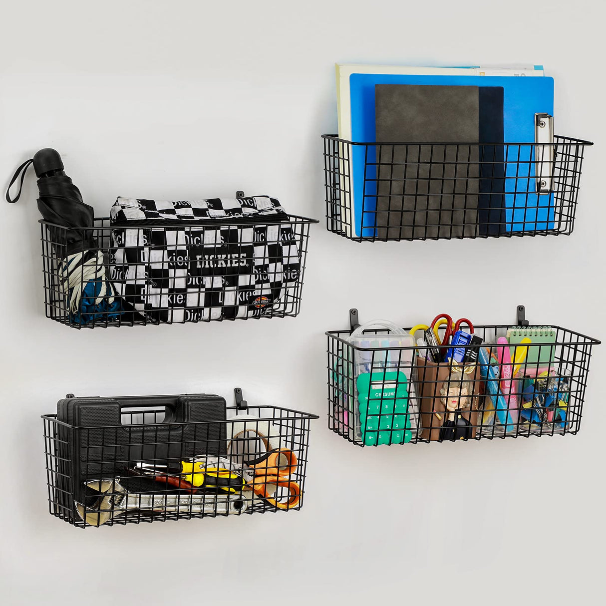 4 Set [EXTRA LARGE] Hanging Wall Mount Storage Baskets with Adhesive Hooks & Steel Hooks, Multiuse Sturdy Wire Metal Organizing Baskets for Home Kitchen Bathroom Pantry Utility Organizer, Black AOZITA
