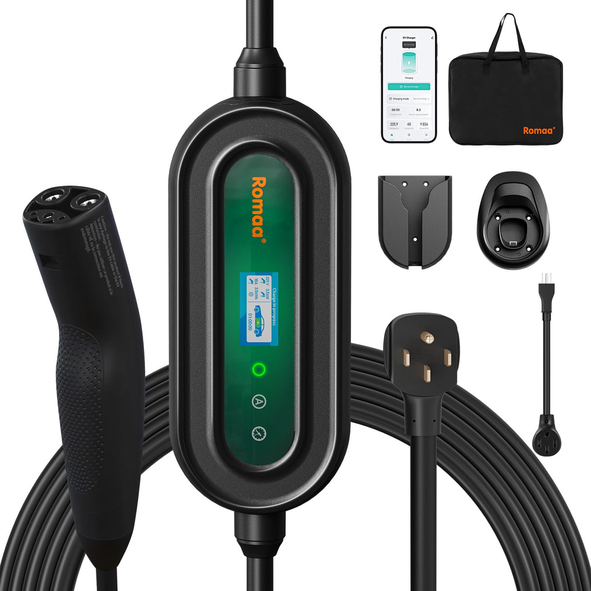 Level 2 EV Charger for Tesla, WiFi APP, 40A Portable EV Mobile Charger for Tesla, 25FT Cable with 240V NEMA 14-50 Plug & NEMA 5-15 Adapter, NACS Connector,Home Wall Charger for Tesla Model Y/3/S/X Romaa