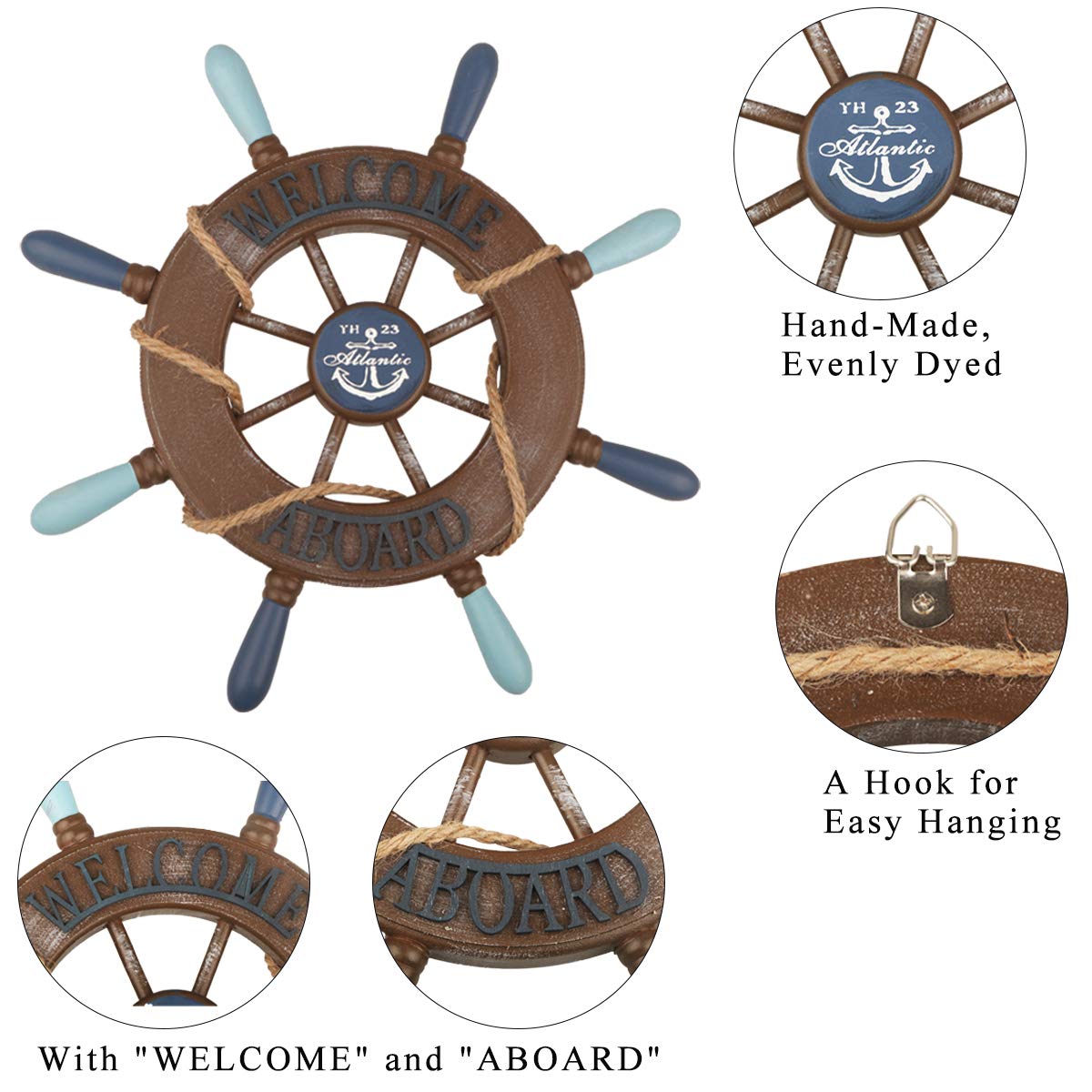 2 Pack 13" Nautical Beach Wooden Ship Wheel and 13" Wooden Anchor with Rope Nautical Boat Steering Wheel Rudder Anchor Wall Art Decor Door Hanging Ornament Beach Theme Home Decoration(Retro Brown) Meching