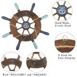 2 Pack 13" Nautical Beach Wooden Ship Wheel and 13" Wooden Anchor with Rope Nautical Boat Steering Wheel Rudder Anchor Wall Art Decor Door Hanging Ornament Beach Theme Home Decoration(Retro Brown) Meching