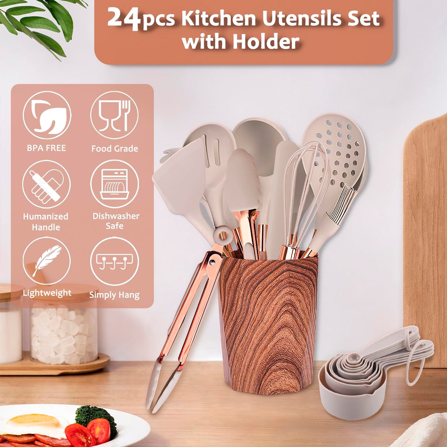 Silicone Kitchen Utensils Set with Holder- 24pcs Cooking Utensils Set, Wood Pattern Handle Silicone Utensils for Cooking with Food Safety Turner, Pasta Server, Skimmer, Ladle, Spoon, Tong, Whisk