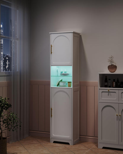 Hzuaneri Tall Bathroom Storage Cabinet with LED Lights, Bathroom Floor Freestanding Cabinet with Open Space, Adjustable Shelves, Tall Corner Cabinet for Bathroom, Living Room, Laundry, White SC28313X