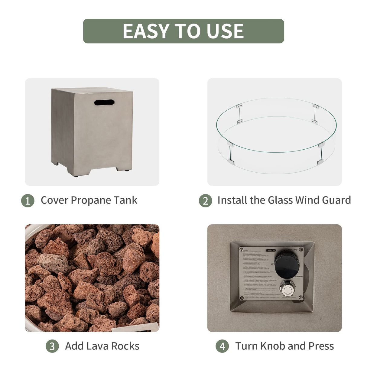 COSIEST 2-Piece Outdoor Propane Firepit Table Set w Tank Table, 42" Fire Table Certified, 50,000 BTU w Gray Round Base,Wind Guard and 16 inches Tank Side Table 20lb for Garden,Pool COSIEST