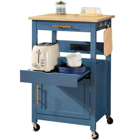 Best Choice Products Rolling Kitchen Island Cart, Single Door Cabinet w/Drawer, Sliding Tray, Hidden Outlet, Hooks, & Lockable Wheels - Slate Blue Best Choice Products
