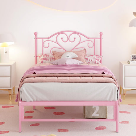 Elephance Twin Bed Frame with Headboard Metal Bed Frame Twin Size with Storage Space No Box Spring Needed Easy Assembly,Pink Elephance
