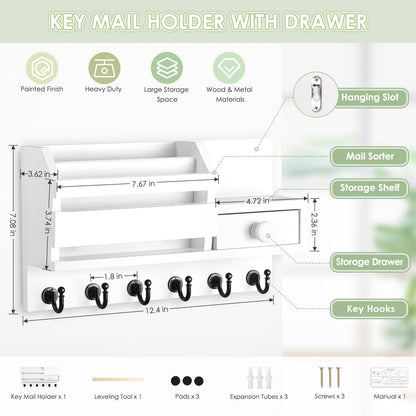 VIS'V Key Holder for Wall, Wooden Key Mail Holder with Drawer Wall Mount Key Organizer Mail Sorter with 6 Key Hooks Key Rack with Shelf for Entryway Doorway Hallway - White