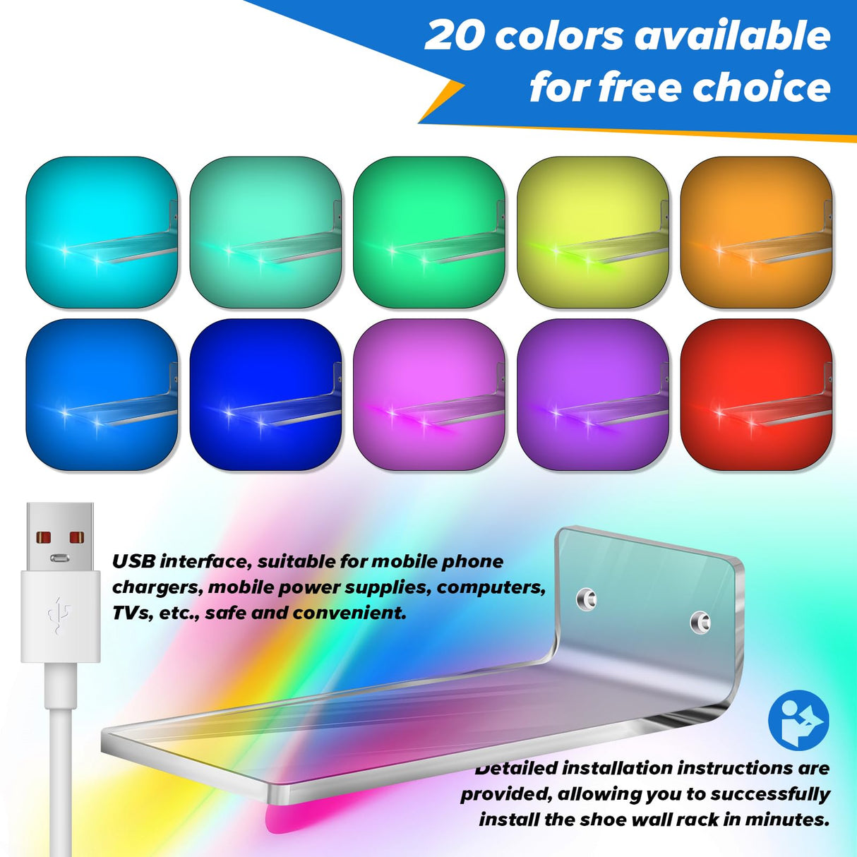 DTNESS 6Pcs Floating Shoe Display Shelf with LEDs, 8 x 3.9 Inch Clear Acrylic Wall Mounted Sneaker Rack, Glowing Levitating Shelves with 15 Screw Kits for Bedroom Gaming Room Shoe Store DTNESS