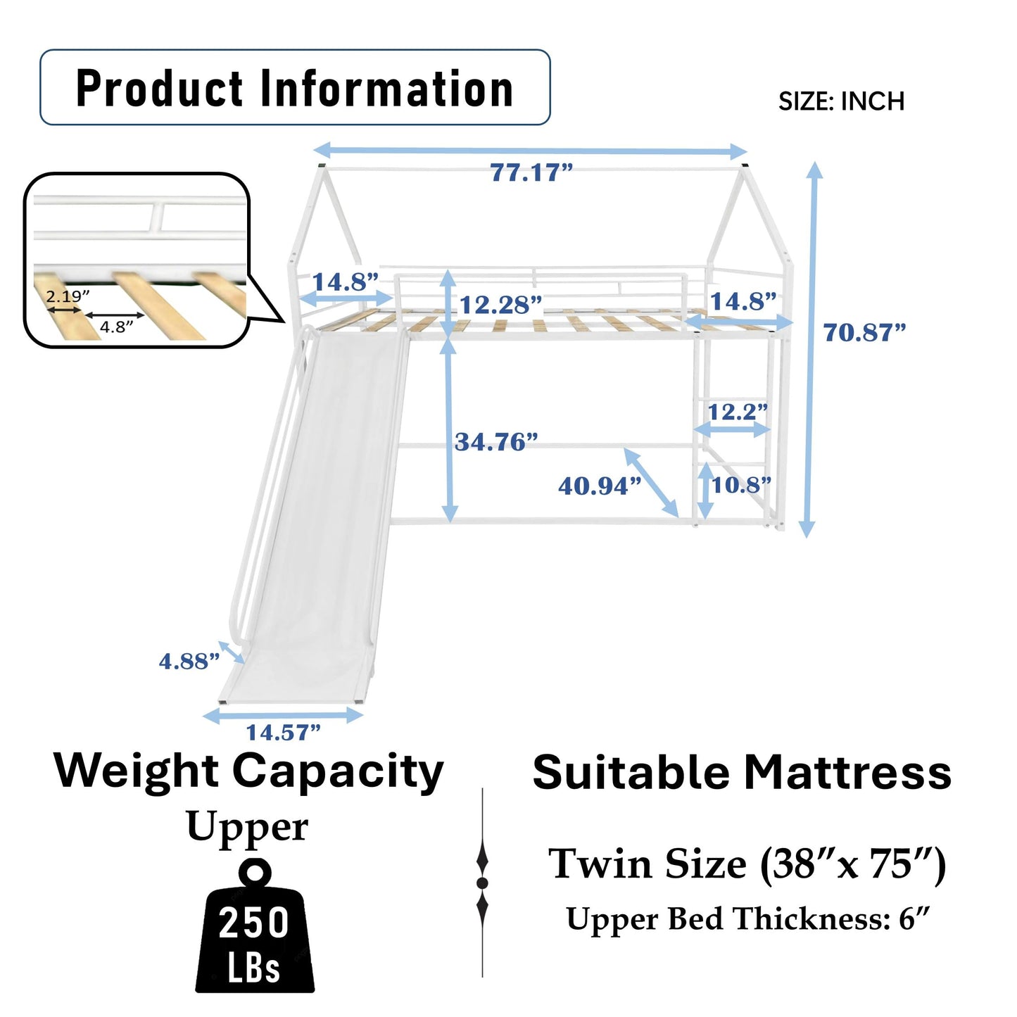 UOCFYK Twin Over Twin Bunk Bed with Slide for Kids, Metal Bunk Bed Frame with Roof Design and Full-Length Guardrail, Ladder, House Bed for Boys and Girls, No Box Spring Needed, White