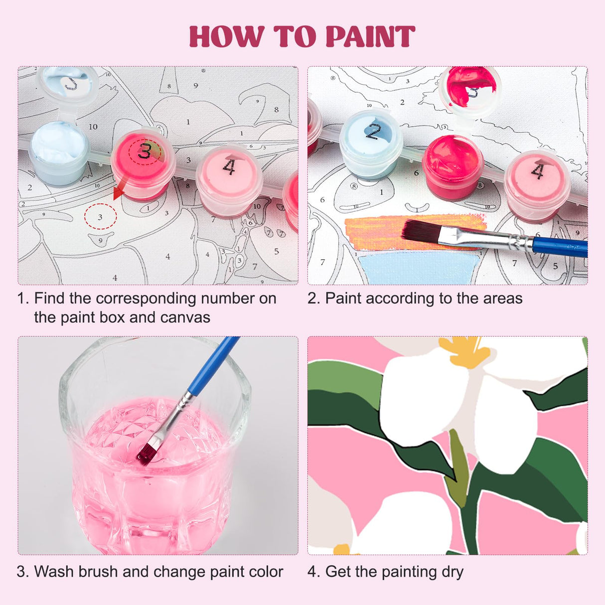 MXJSUA 4 Pack Flowers Paint by Numbers Kit with Framed Canvas for Ages 6-12 Kids, Paint by Numbers Kits for Adult Beginners, Acrylic Oil Painting for Home Wall Decor Gift (8x8 inch) MXJSUA