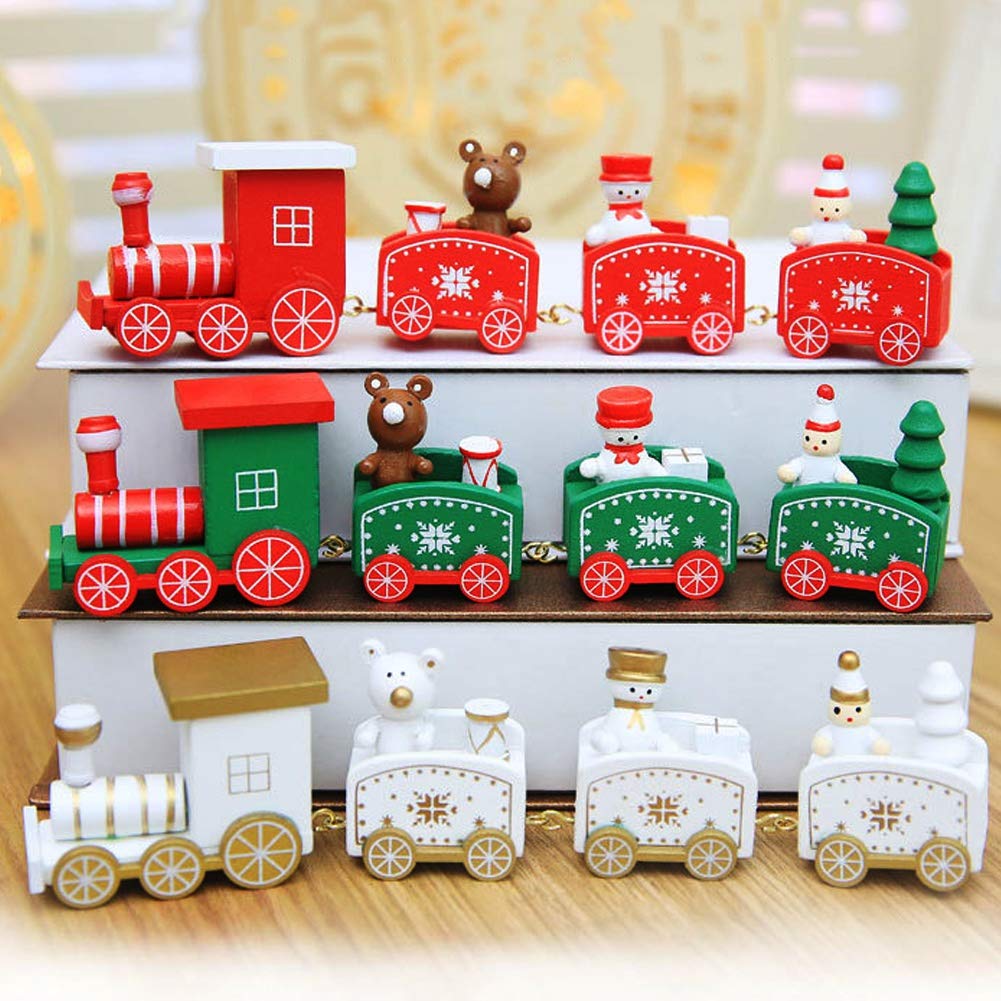 Happy Trees 3 Pcs Wooden Mini Train Decor Set for Christmas Party, Snowman Ornament Gift Home Decoration Happy Trees