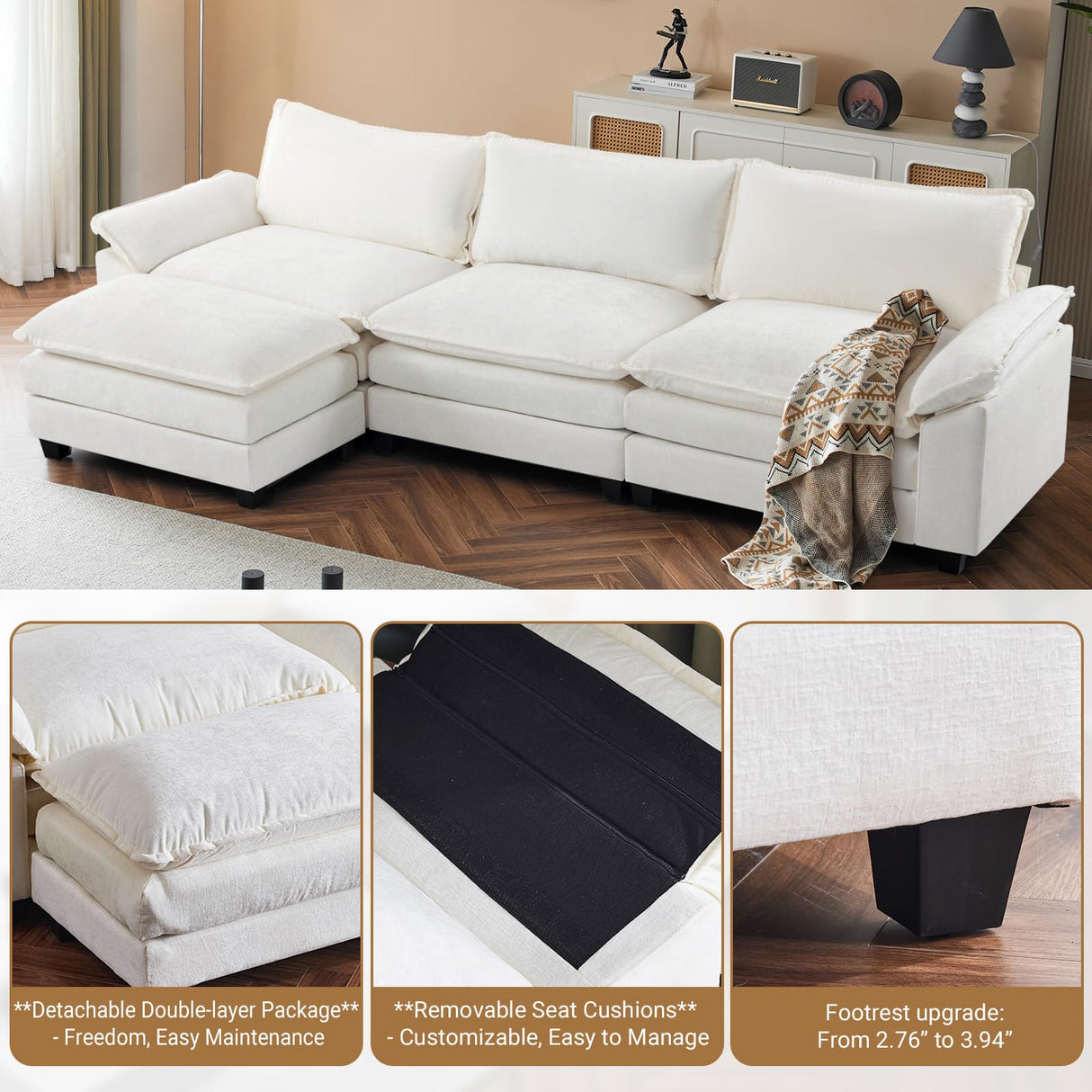VINGLI 122" Cloud Double-Layer Deep Convertible Sectional Sofa, Comfy L-Shape 3-Seat Couches for Living Room, Modern Couch with Movable Ottoman for Small Space, White/Cream Chenille VINGLI