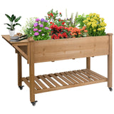 Raised Garden Bed Outdoor with Lockable Wheels, 55"x 24" x 33" Elevated Wood Planter Box for Backyard Balcony Patio , Garden Flower Beds with Drainage Holes & Storage Shelf, Gift for Gardening, Brown Magazoopet
